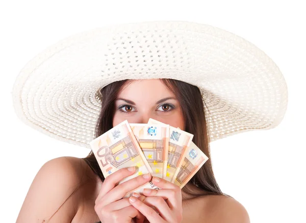 Όμορφη γυναίκα το καλοκαίρι φόρεμα με καπέλο και χρήματα — Φωτογραφία Αρχείου