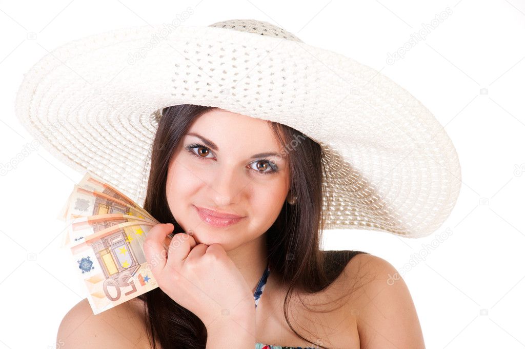 beautiful woman in summer dress with hat and money