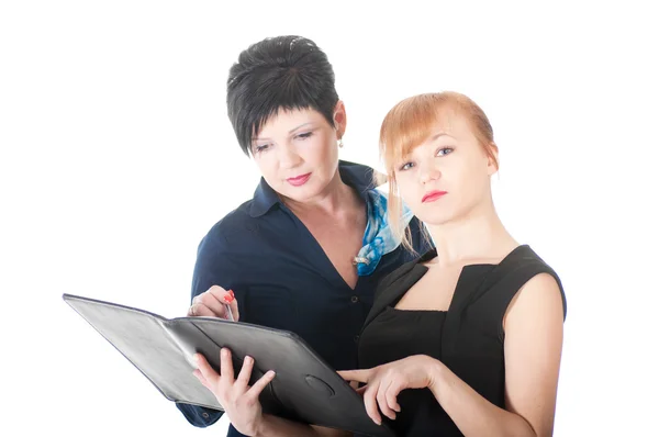 Portrait of two handsome women holding folder with papers. — Stock Photo, Image