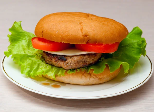 Tasty homemade burger on a plate — Stock Photo, Image