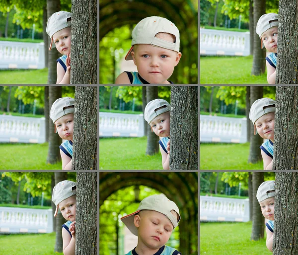 Маленький хлопчик емоційні обличчя, вирази, встановлені на відкритому повітрі — стокове фото