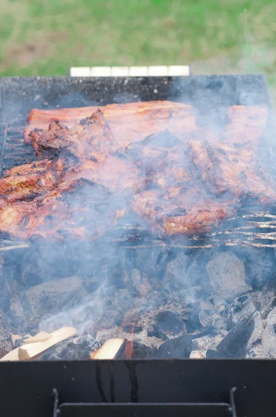 Costillas de barbacoa y tocino en una parrilla con carbón — Foto de Stock