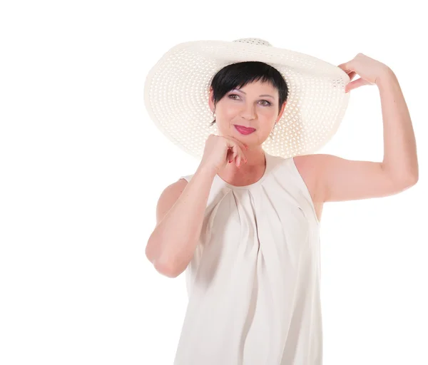 Hermosa mujer con sombrero blanco posando . —  Fotos de Stock