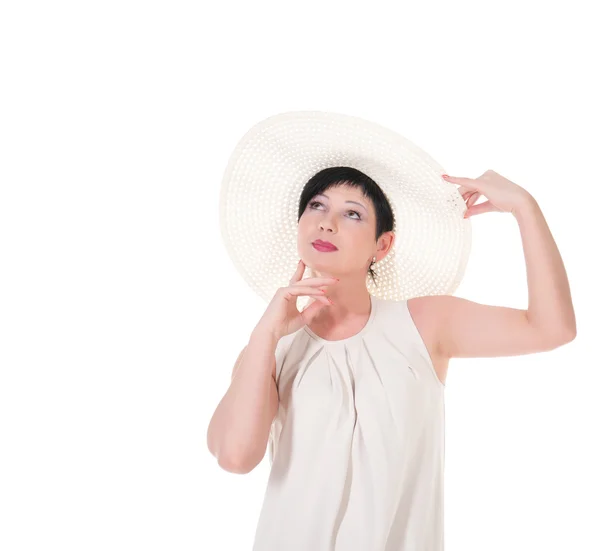 Hermosa mujer con sombrero blanco posando . —  Fotos de Stock