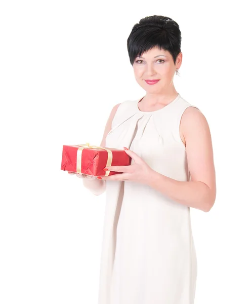 Business woman happy smile hold gift box in hands. — Stock Photo, Image