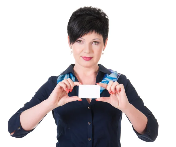 Close-up portrait of female holding credit card — Stock Photo, Image