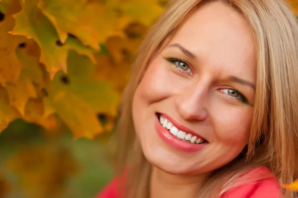 Autumn woman on leafs background — Stock Photo, Image