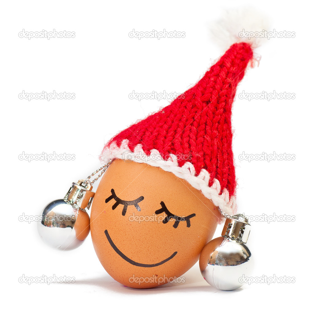funny lovely egg in winter santa hat and ball lika a earring
