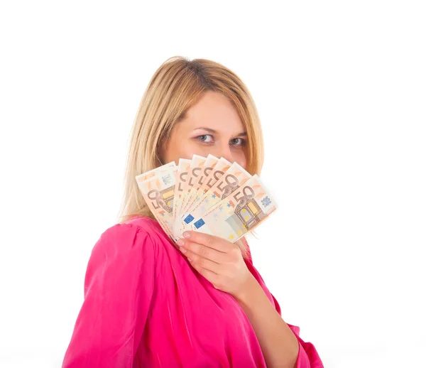 Face of a beautiful young woman and the money- euro — Stock Photo, Image