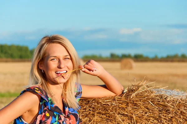 Beautiful woman   posing on a wheat bale — Stock Photo, Image