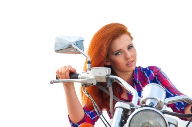 güzel, seksi, genç kadının bir motosiklet