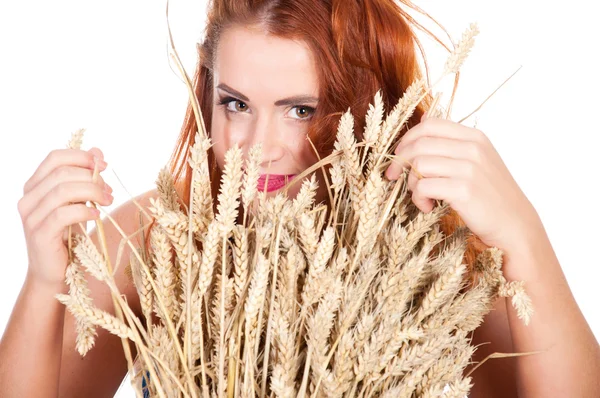 A menina bonita com orelhas de trigo isoladas — Fotografia de Stock