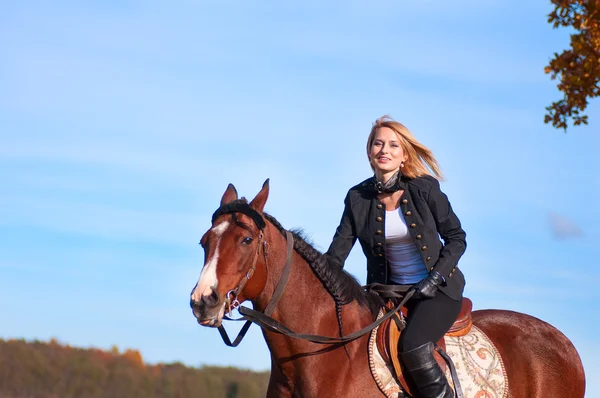 Beautiful woman walking with horse — Stock Photo, Image