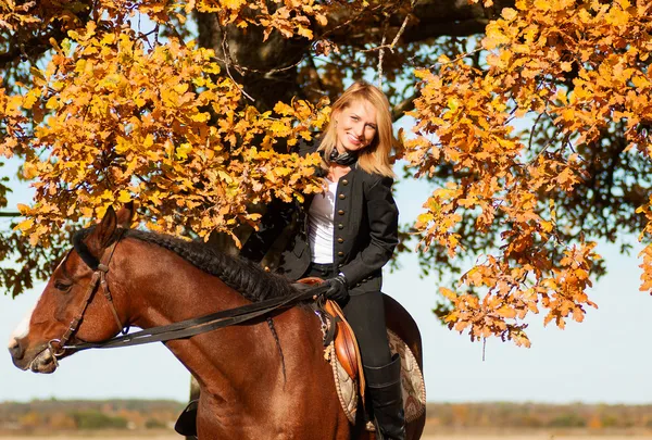 Bella donna a piedi con il cavallo — Foto Stock