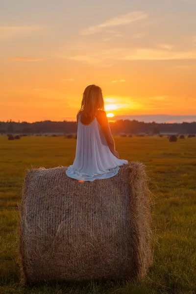 Romantische vrouw in veld met hooi — Stockfoto