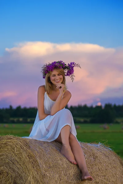 Romantic woman in field with hay — Stock Photo, Image