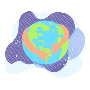 Dünya Çevre Günü, Dünya Günü, Ekoloji ve Doğa Kavramları. 22 Nisan bayram posteri. Eller Dünya gezegenine sarılıyor. Yeşil Eko Dünya kartı. Stok vektör illüstrasyonu beyaz arkaplanda izole edildi. 