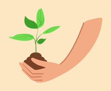 Dünya Çevre Günü, Dünya Günü, temiz bir gezegeni kurtarmak, ekolojik kavram. Büyüyen ağacı tutan insan elleri. Eko poster, kartpostal, baskı tasarımı. Basit arkaplanda izole edilmiş vektör düz illüstrasyon.