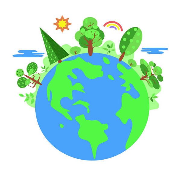 Всемирный день окружающей среды, экология и природа. Просто плоский стиль с миром, деревьями, радугой, солнцем и облаками. Сохранить концепцию Земли. Векторная иллюстрация на белом фоне.