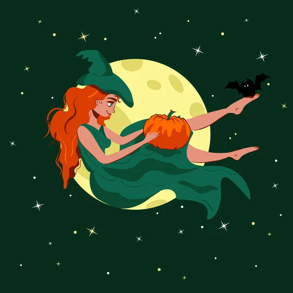 女巫坐在夜空前 满天星斗 卡通矢量魔法师与蝙蝠和南瓜 万圣节庆祝活动 在秋天的前夜 所有的光环上都有魔法 — 图库矢量图片