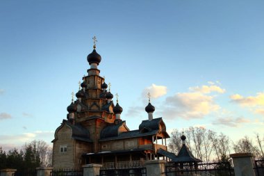 Orthodox wooden church in Upper Sanarka. South Ural, Chelyabinsk region, Russia. Church of the Icon of the Mother of God 