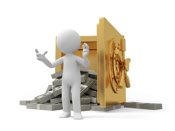 A 3d man introducing , back to a full dollar safe — Stock Photo, Image