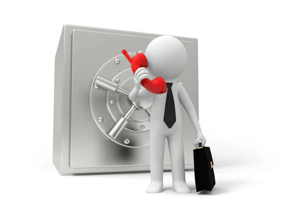A 3d man holding a briefcase, calling, back to the safe — Stock Photo, Image