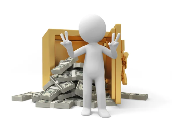 A 3d man standing back to a full dollar safe — Stock Photo, Image