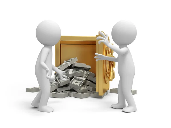 Two 3d discussing near a full dollars safe — Stock Photo, Image