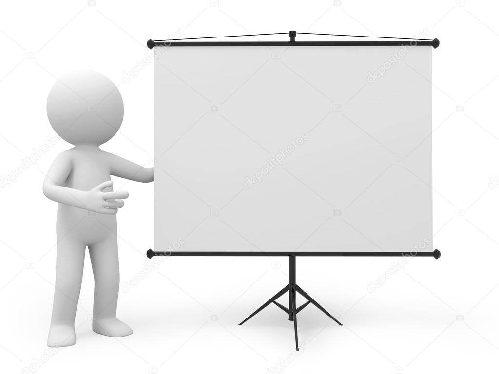 a 3d man introducing something, standing by a projector