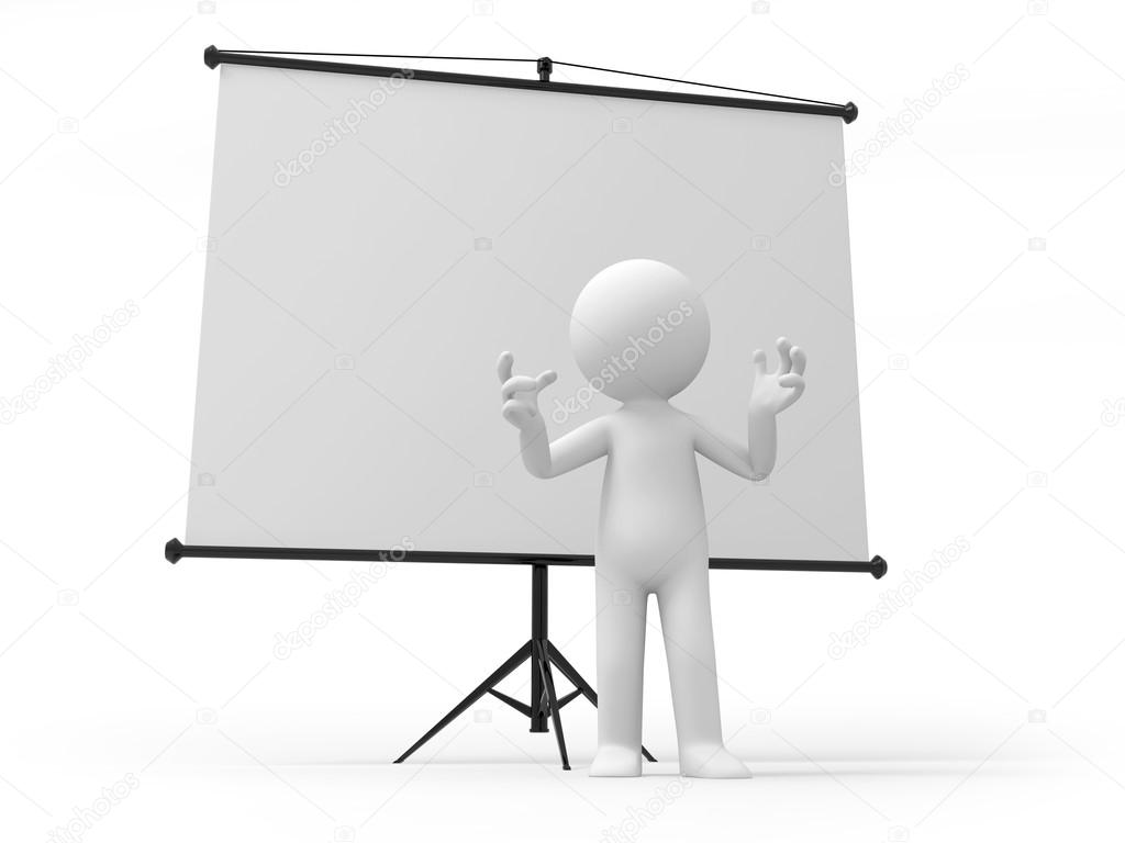 A 3d man standing by a projector,clapping