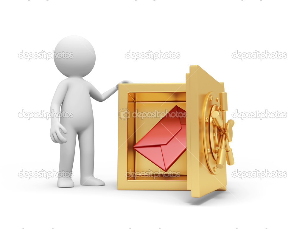 A 3d man standing at a safe, a letter in the safe