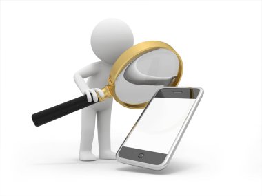 3d bir adam bir büyüteç ile bir cep telefonu izlemek