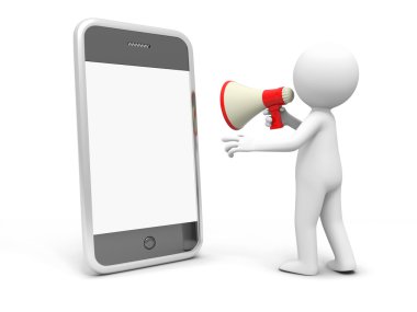 A 3d man talking with a speaker to a mobile phone