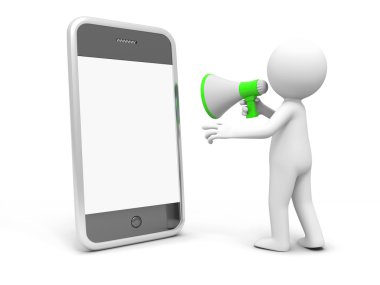 A 3d man talking with a speaker to a mobile phone