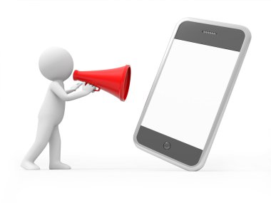 A 3d man talking with a speaker to a mobile phone