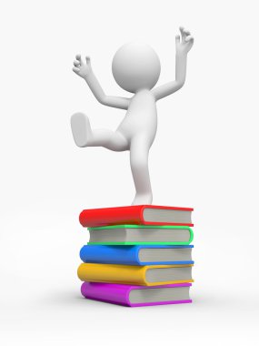 3d bir kişi bir kitap yığını üzerinde oturuyor