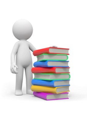 bir kitap yığını duran bir 3d kişi