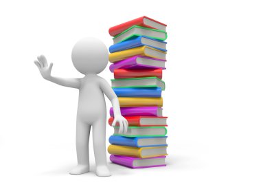 3d bir kişi bir kitap yığını geri durdurma