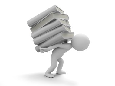 3d bir adam ağır bir kitap yığını taşıma