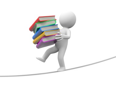 elinde bir kitap yığını ile bir denge üzerinde yürüyen bir 3d insan