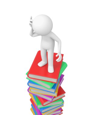 3d bir kişi bir kitap yığını üzerinde düşünme