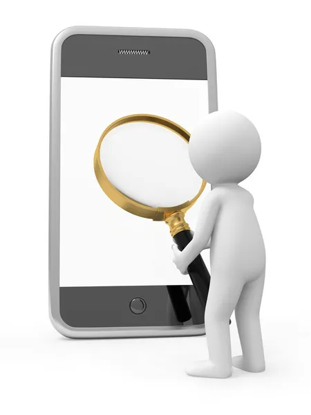 A 3d man watching a mobile phone with a magnifying glass — Stock Photo, Image