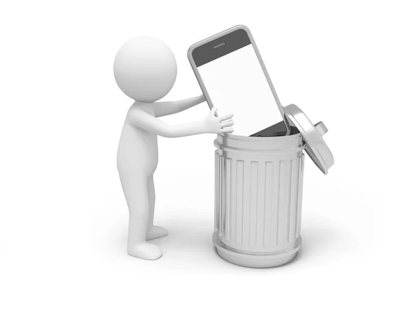 A 3d man throwing the mobile phone into the trash can — Stock Photo, Image