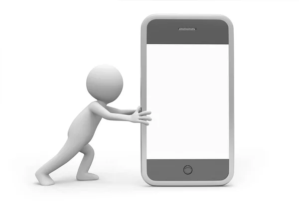 Un hombre 3d empujando un teléfono móvil —  Fotos de Stock