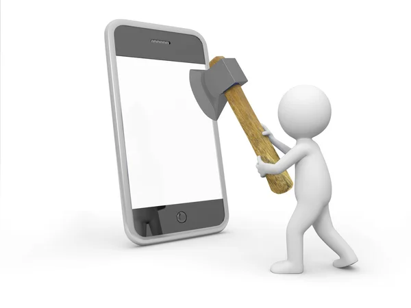 A 3d man cutting the mobile phone with an axe — Stock Photo, Image
