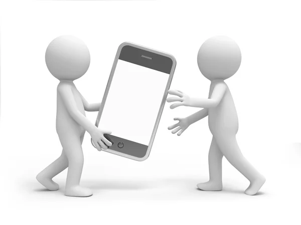 Twee 3D-mannen dragen een mobiele telefoon — Stockfoto