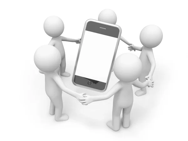 Five 3d men making a circle, a mobile phone in the circle — Stock Photo, Image