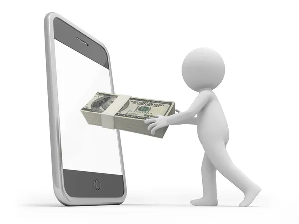 A 3d man putting money inside the mobile phone — Stock Photo, Image