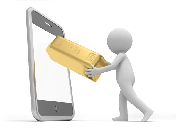 Een 3D-man brengen de goudstaven binnen de mobiele telefoon — Stockfoto